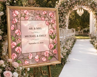 Cartello di benvenuto per matrimonio con finta vetrata a tema pisello odoroso rosa, modello Canva modificabile, decorazione di lusso per sala da ballo, cartello romantico per ricevimento.