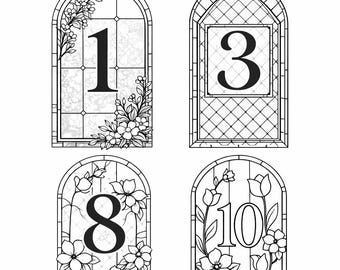 Números de mesa de boda imprimibles con diseño de vidrieras, plantilla editable de Canva, letreros digitales para números de mesa, decoración floral bohemia para bodas.