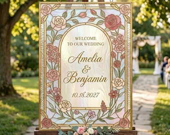 Plantilla de letrero de bienvenida para bodas con efecto vitral, editable en Canva, letrero de vidrio para manualidades, decoración de boda imprimible, 16x20 11x14 A3