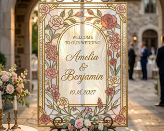 Plantilla de letrero de boda con efecto vidriera para jardín, editable en Canva, letrero de vidrio para manualidades, decoración de boda imprimible, 16x20 11x14 A3