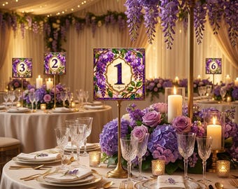 Plantilla de números de mesa para bodas en el jardín, diseño de vidrieras de glicinias, editable en Canva, imprimible, descarga instantánea.