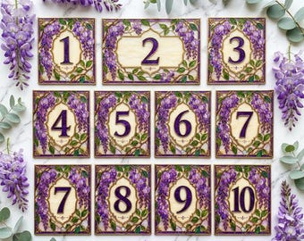 Plantilla de números de mesa con diseño de glicinias primaverales, vidrieras, editable en Canva, decoración imprimible para bodas de primavera, descarga instantánea.