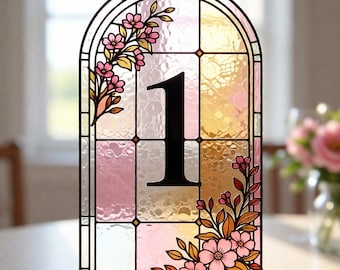 Plantilla de números de mesa de boda con vidrieras: antes y después, números de mesa de arco imprimibles, PDF editable de decoración de bodas en Canva