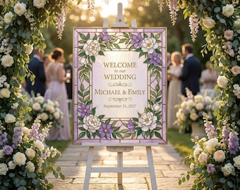 Plantilla de letrero de bienvenida para bodas con efecto vitral, editable en Canva, letrero de vidrio para manualidades, decoración de boda imprimible, 16x20 11x14 A3