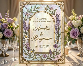 Plantilla de letrero de boda romántico con efecto vitral, editable en Canva, letrero de vidrio para manualidades, decoración de boda imprimible, 16x22