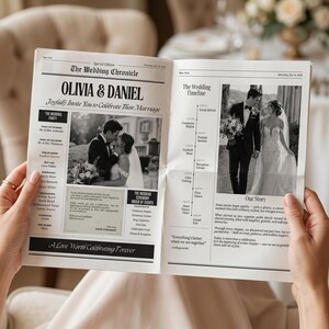 May include: A newspaper-style wedding announcement titled "The Wedding Chronicle" featuring the names Olivia & Daniel. The announcement includes photos of the couple, wedding details, and the text "A Love Worth Celebrating Forever."