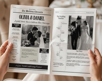 Plantilla de periódico de boda vintage con foto / Programa e invitación de boda personalizados / Canva / Recuerdo de la ceremonia / La crónica de la boda