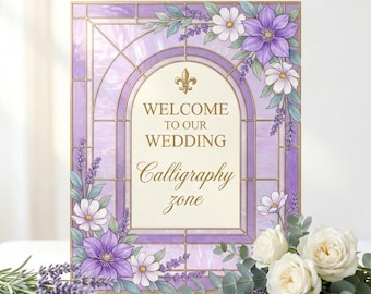 Letrero de bienvenida para bodas con efecto vitral de lavanda, plantilla editable de Canva, letrero floral morado para bodas, descarga instantánea e imprimible.