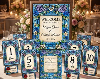 Paquete de plantillas de vidrieras para bodas, letrero de boda editable, números de mesa, tarjetas de lugar, plantilla de Canva, descarga instantánea de decoración para bodas.