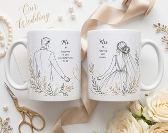 Regalo de boda personalizado para pareja, juego de tazas de boda personalizadas, taza para el Sr. y la Sra., regalo para recién casados, taza para él y para ella, regalo para parejas