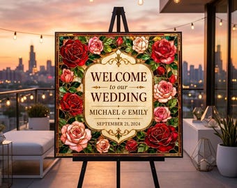 Plantilla de cartel de bienvenida de boda con vidrieras de rosas vintage, editable en Canva, decoración de boda vintage imprimible, descargable.