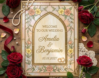 Plantilla de cartel de bienvenida para bodas con efecto vidriera / Imprimible en Canva editable / Cartel de bienvenida a nuestra boda / Descarga digital