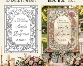 Plantilla de números de mesa de boda con efecto vitral, letrero de vidrio para manualidades, editable en Canva, descarga digital, 20x16