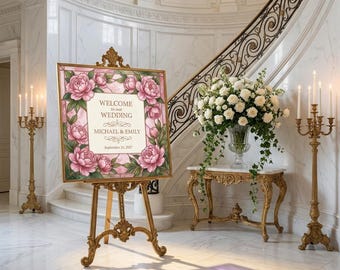 Plantilla de cartel de bienvenida para bodas con diseño de peonías en vidrieras sintéticas, editable en Canva, decoración floral de lujo para bodas, cartel para ceremonia en el jardín.