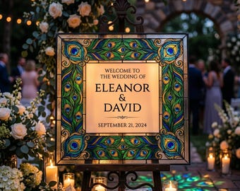 Peacock Feather Stained Glass Wedding Welcome Sign, DIY Paint Your Own, Luxury Elegant Template, Digital Download PDF, Wedding Decor
