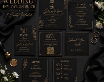 Paquete de plantillas de invitación de boda negras, suite de invitaciones editables en Canva, invitación de boda elegante dorada, juego de tarjetas de confirmación de asistencia para reservar la fecha.