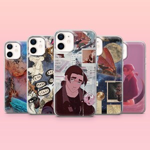 May include: Five phone cases with different designs. The cases feature illustrations of cartoon characters and scenes. The cases have a clear, glossy finish and are arranged in a row against a pink background.
