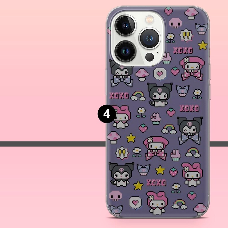 May include: A clear phone case with a purple background featuring a repeating pattern of pixelated cartoon characters, mushrooms, stars, rainbows, and the word "KOKO". The case is on a pink background.