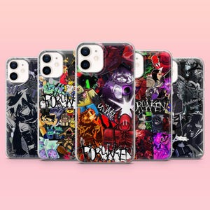 May include: Five clear phone cases with colorful graphic designs. The designs feature anime-style characters, text, and abstract art in various colors, including red, orange, green, and black. The cases are arranged in a row against a pink background.