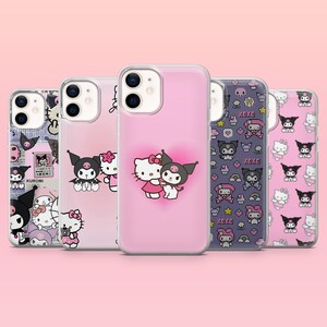 May include: A collection of phone cases featuring cartoon characters. The cases display various designs, including Hello Kitty and Kuromi, in shades of pink, purple, and white. Some cases have text, and the overall aesthetic is cute and playful.