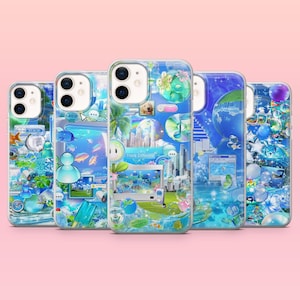 May include: Five clear phone cases with blue and white designs. Each case features a unique collage of images, including fish, cityscapes, and abstract shapes. The text "Think Different" is visible on one case. The cases are displayed against a pink background.