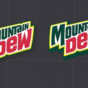 May include: Two three-dimensional graphic logos of the text Mountain Dew. The word Mountain is in dark green with a yellow outline, and the word dew is in red with a yellow outline. The logos feature a thick, angled green shadow effect.