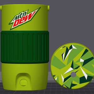 May include: A lime green cylindrical tumbler featuring the Mtn Dew logo in red, white, and green. The tumbler has a dark green ribbed silicone grip band around the center and a circular lid with a geometric pattern of green, white, and dark green.
