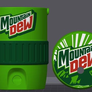 May include: Green Mountain Dew branded tumbler and lid. The tumbler has a dark green band and the Mountain Dew logo in white and red. The lid is green with the Mountain Dew logo and a mountain scene.