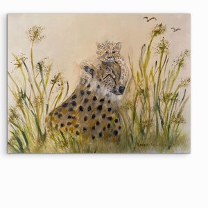 May include: An oil painting on canvas depicting a cheetah mother and her cub nestled together in tall, light green grasses. The cheetahs have tan fur with black spots. Two small birds are visible in the pale, neutral-toned sky above them.