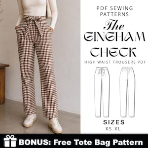 May include: Brown and white gingham check high-waisted trousers with a matching tie belt. The image also features a PDF sewing pattern for the trousers, with the text "The Gingham Check" and "High Waist Trousers PDF". Sizes XS-XL are available.