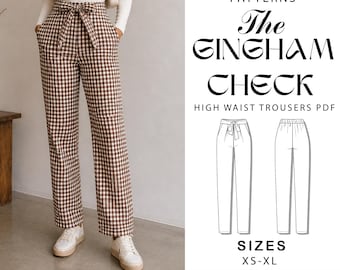 Patrón de costura para pantalones a cuadros vichy, pantalones ajustados de talle alto (descarga en PDF)