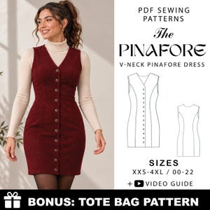 May include: A burgundy corduroy V-neck pinafore dress with a front button closure, shown alongside a technical line drawing of the garment, text reading PDF SEWING PATTERNS The PINAFORE V-NECK PINAFORE DRESS SIZES XXS-4XL / 00-22, and a bonus tote bag pattern.
