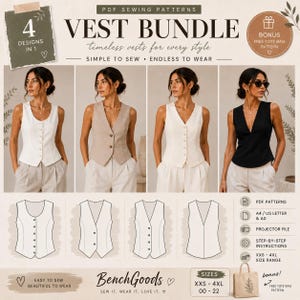 Puede incluir: Un paquete de patrones de costura digitales titulado VEST BUNDLE que presenta cuatro diseños de chalecos. La imagen muestra cuatro variaciones de chalecos sin mangas en blanco, beige y negro, junto con dibujos técnicos, tallas XXS-4XL e iconos.