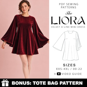 May include: A deep red velvet A-line mini dress with long flared sleeves and a round neckline. The image includes text: PDF SEWING PATTERNS, The LIORA, VELVET A-LINE MINI DRESS, SIZES XXS-4XL / 00-22, VIDEO GUIDE, and BONUS: TOTE BAG PATTERN.