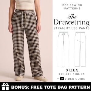 May include: PDF sewing pattern for straight leg drawstring pants with a black and beige gingham check print. Includes technical line drawings of the front and back, size range XXS-4XL or 00-22, a video guide, and a bonus free tote bag pattern.