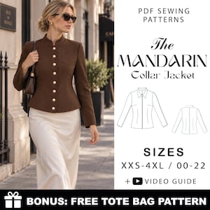 May include: A brown long-sleeve jacket with a mandarin collar and gold buttons, presented as a PDF sewing pattern. The image includes technical line drawings of the jacket, size range XXS-4XL / 00-22, a video guide, and a bonus tote bag pattern.