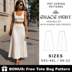 May include: A PDF sewing pattern for The Grace Skirt, featuring an invisible zip and hidden side pockets. The pattern includes sizes XXS-4XL or 00-22. The image displays a white skirt, a technical line drawing of the skirt, and a bonus tote bag pattern.