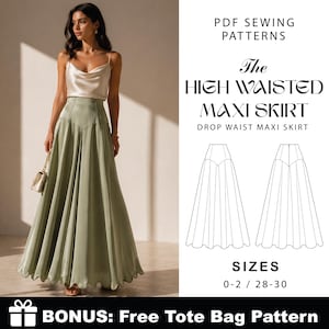 Può includere: Una donna indossa un top di seta color crema e una gonna lunga a vita alta verde salvia. L'immagine include un modello di cucito per una gonna lunga a vita alta con taglie 0-2 e 28-30. Il testo recita "PDF Sewing Patterns" e "BONUS: Free Tote Bag Pattern."