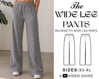 May include: PDF sewing pattern for wide-leg pants with a black and white gingham check print. The design features a relaxed fit, an elastic waistband, and side pockets. Includes sizes XS-XL, a video guide, and a bonus free tote bag pattern.