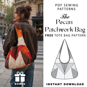 May include: A woman wearing a brown leather jacket and blue jeans carries a patchwork tote bag with orange, red, and brown geometric patterns. The bag is labeled "The Pecan Patchwork Bag" with "Free Tote Bag Pattern" and "Instant Download" text.