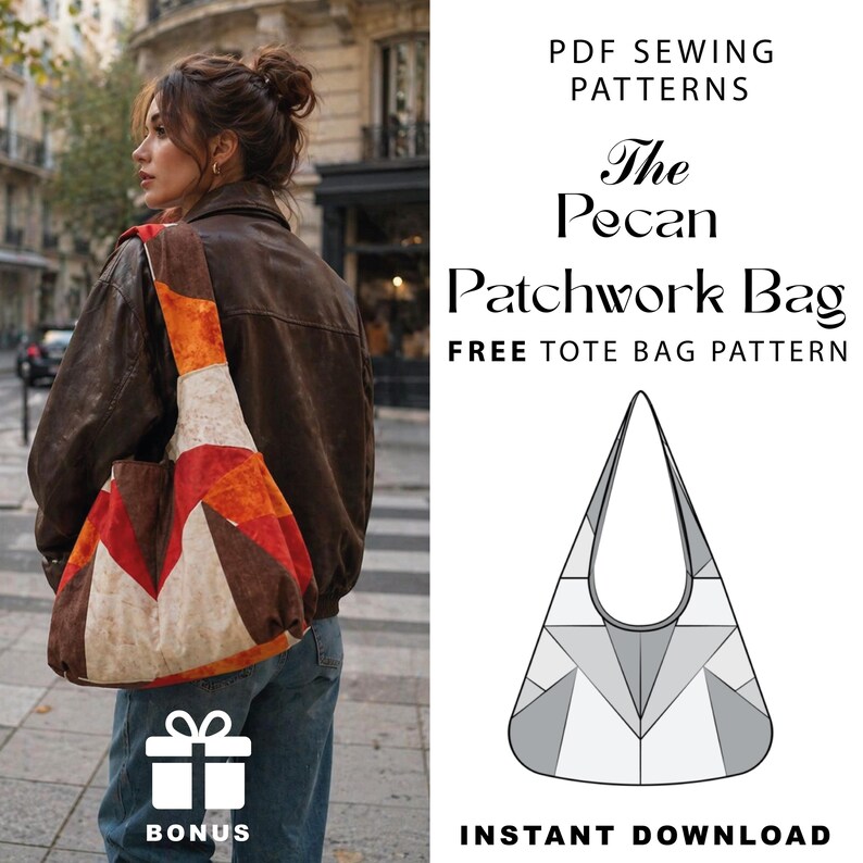 May include: A woman wearing a brown leather jacket and blue jeans carries a patchwork tote bag with orange, red, and brown geometric patterns. The bag is labeled "The Pecan Patchwork Bag" with "Free Tote Bag Pattern" and "Instant Download" text.