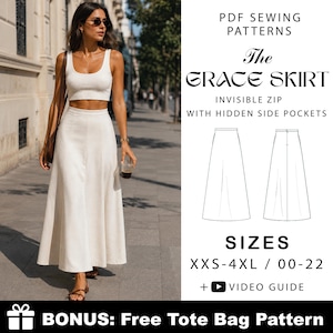 May include: PDF sewing pattern for The Grace Skirt, a long skirt with an invisible zip and hidden side pockets. Includes sizes XXS-4XL and 00-22, a video guide, and a bonus free tote bag pattern. Features a technical line drawing.