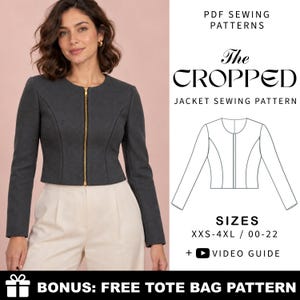 May include: A PDF sewing pattern for a dark gray cropped jacket with a gold front zipper. The image includes text reading PDF SEWING PATTERNS, The CROPPED JACKET SEWING PATTERN, SIZES XXS-4XL / 00-22, VIDEO GUIDE, and BONUS: FREE TOTE BAG PATTERN.