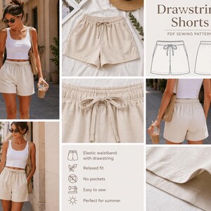 May include: Beige drawstring shorts with an elastic waistband and relaxed fit. The shorts are shown on a model and in a flat lay. The image also includes a sewing pattern with illustrations of the shorts.