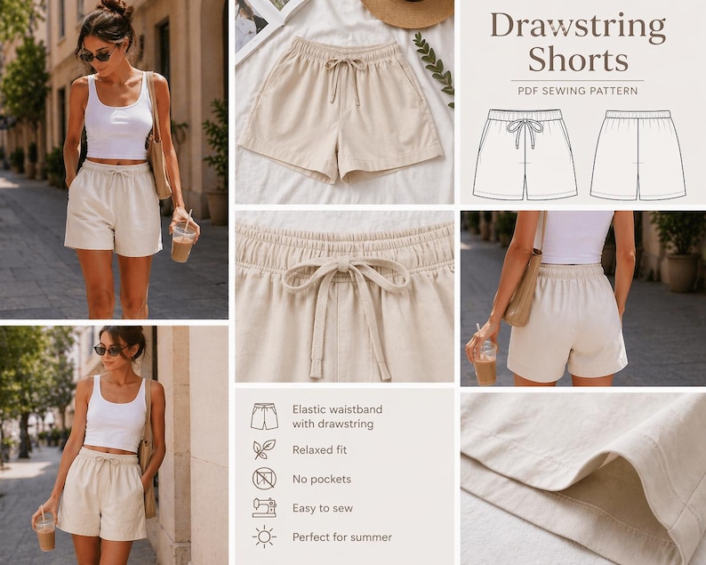 May include: Beige drawstring shorts with an elastic waistband and relaxed fit. The shorts are shown on a model and in a flat lay. The image also includes a sewing pattern with illustrations of the shorts.