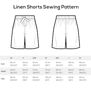 May include: A diagram of linen shorts sewing pattern with size chart. The image shows two line drawings of shorts with a drawstring waist. The size chart includes bust, waist, and hip measurements in inches and centimeters for sizes XS to XL.