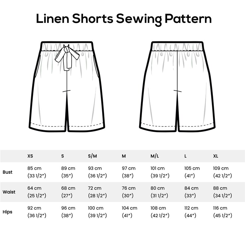 May include: A diagram of linen shorts sewing pattern with size chart. The image shows two line drawings of shorts with a drawstring waist. The size chart includes bust, waist, and hip measurements in inches and centimeters for sizes XS to XL.