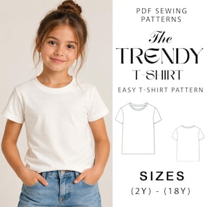 May include: A PDF sewing pattern for a short-sleeved t-shirt titled The Trendy T-Shirt. The image displays a child wearing a plain white t-shirt and blue jeans, alongside a technical line drawing of the front and back of the shirt for sizes 2Y to 18Y.