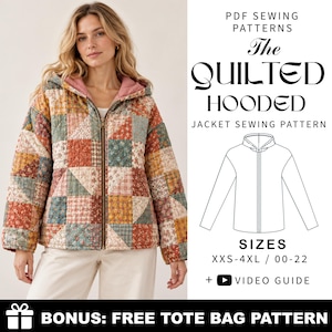 May include: A PDF sewing pattern for a quilted hooded jacket with a patchwork floral design in muted tones. The text reads: PDF SEWING PATTERNS The QUILTED HOODED JACKET SEWING PATTERN SIZES XXS-4XL / 00-22 + VIDEO GUIDE BONUS: FREE TOTE BAG PATTERN.