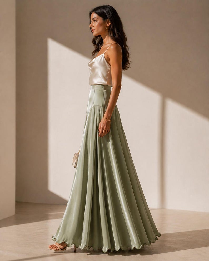 Pleated maxi skirt with silk camisole and blazer for work